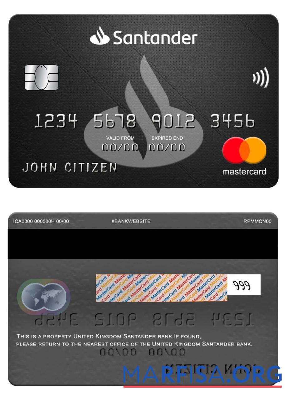 Realistic United Kingdom Santander bank mastercard template